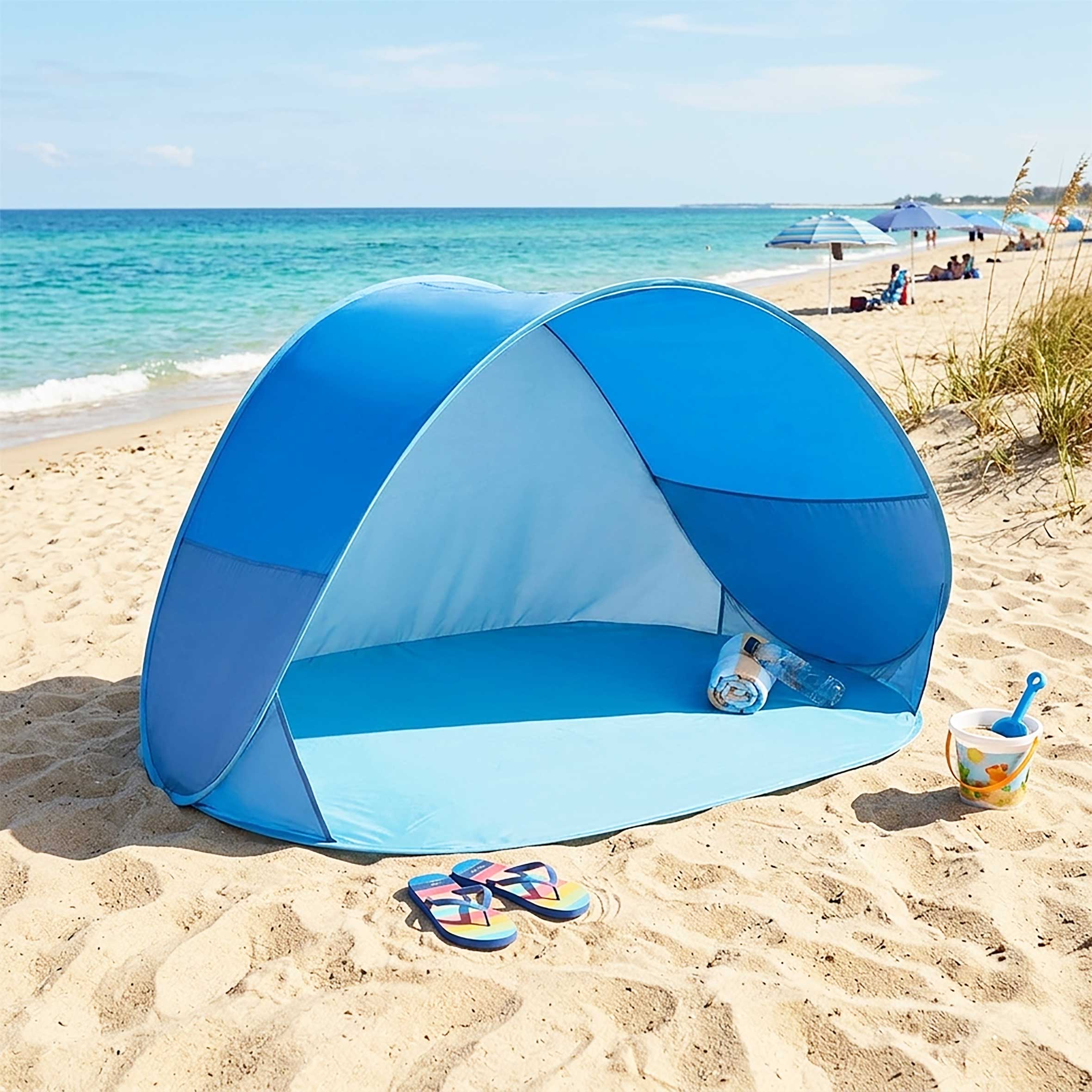 strand-zelt-994orz-1.jpg Pop Up Strandmuschel blau mit Tragetasche 145 x 100 cm Strand Zelt selbstaufstellend mit UV 50+ Schutz – Bild 1