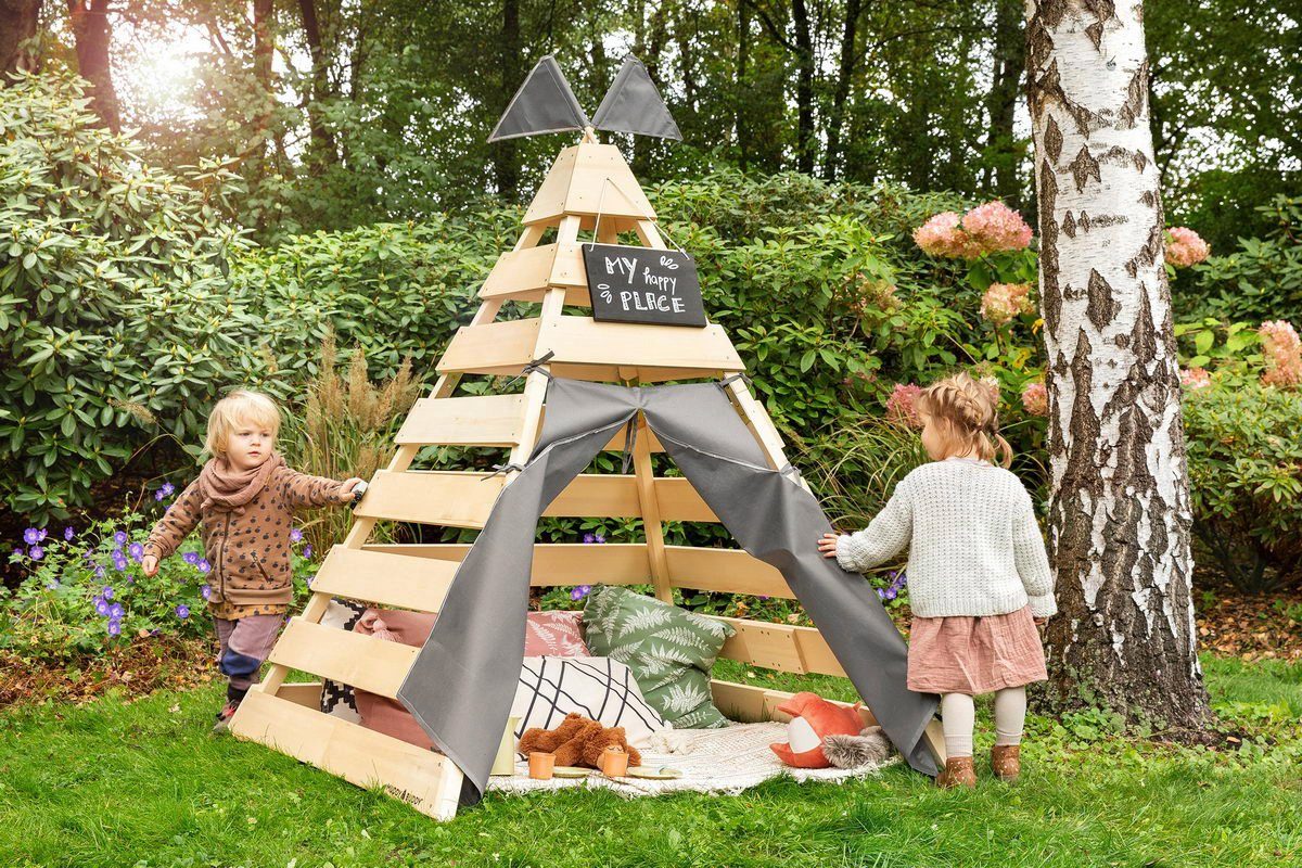 tipi-zelt-outdoor-999xus-1.jpg MUDDY BUDDY® Spielhaus Tipi Zelt Dreamer, Holzschutz vorbehandelt, BxTxH: 135x135x170 cm, Mit Vorhang aus Polypropylen vorn (lässt sich befestigen und komplett schließen) – Bild 1