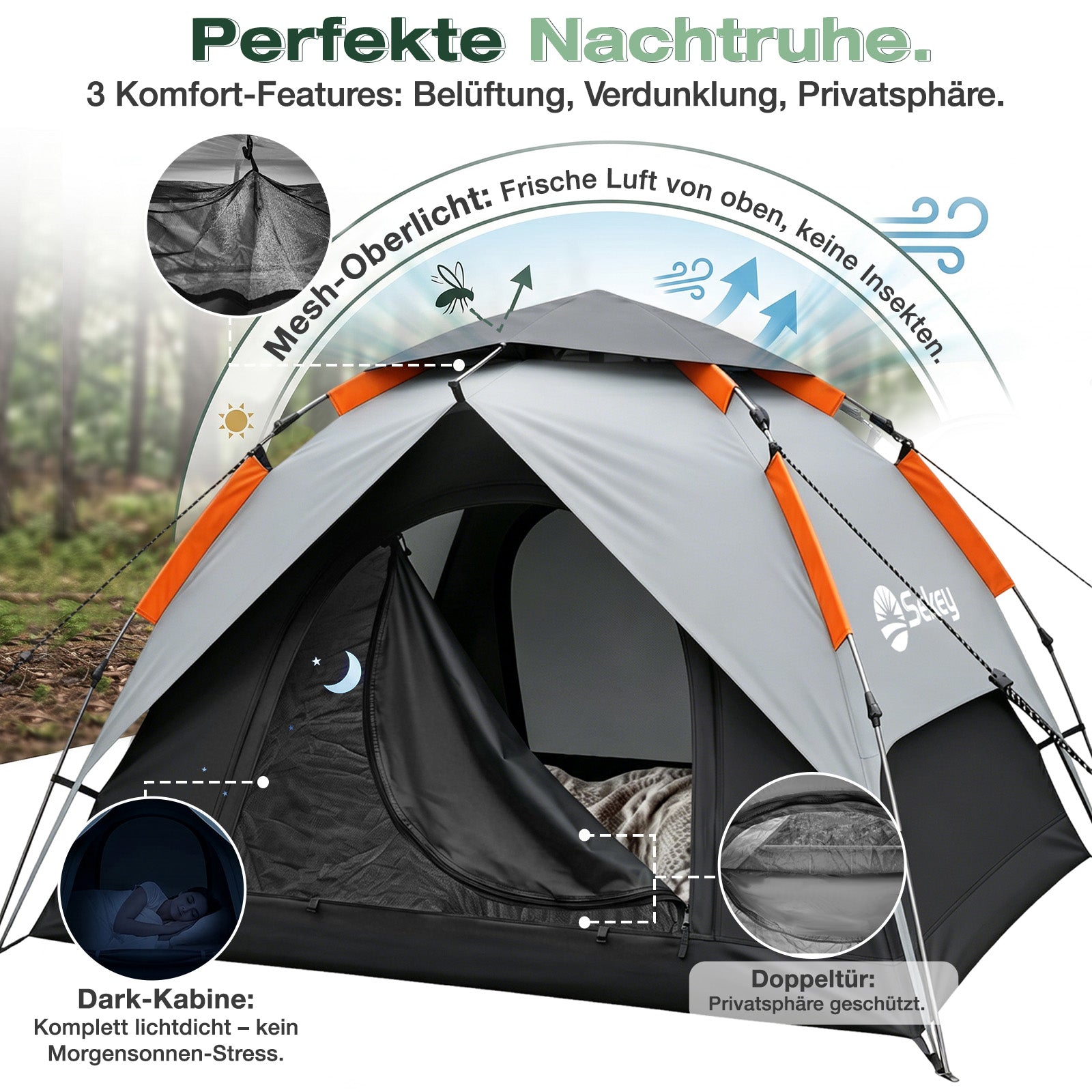 zelt-2-personen-wasserdicht-887qxm-1.jpg Sekey 2 Personen Kuppelzelt mit Hydraulik Pop up System – Campingzelt wasserdicht PU3000+, UV50+ Schutz, 2 in 1 Strand & Outdoor Zelt, leicht & ... – Bild 1