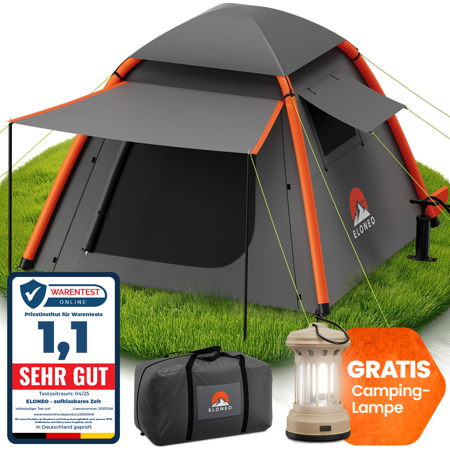 zelt-aufblasbar-6-personen-434svn-1.jpg ELONEO Aufblasbares Camping Luftzelt 2 4 Personen Familienzelt mit Vordach, 250x250x190cm – Bild 1